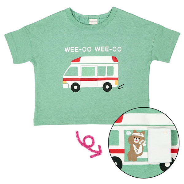 [ベビー]半袖　Ｔシャツ　きになる救急車 グリーン 80cm