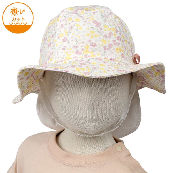 [48~54cm]丸天ハット　日よけ付き　花柄プリント　ピンク ピンク 48cm