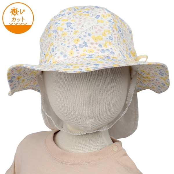 [48~54cm]丸天ハット　日よけ付き　花柄プリント　ブルー ブルー 48cm