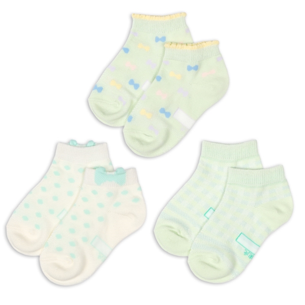 [キッズ]アンクルソックス3足組　リボンミント ペパーミント 13~18cm