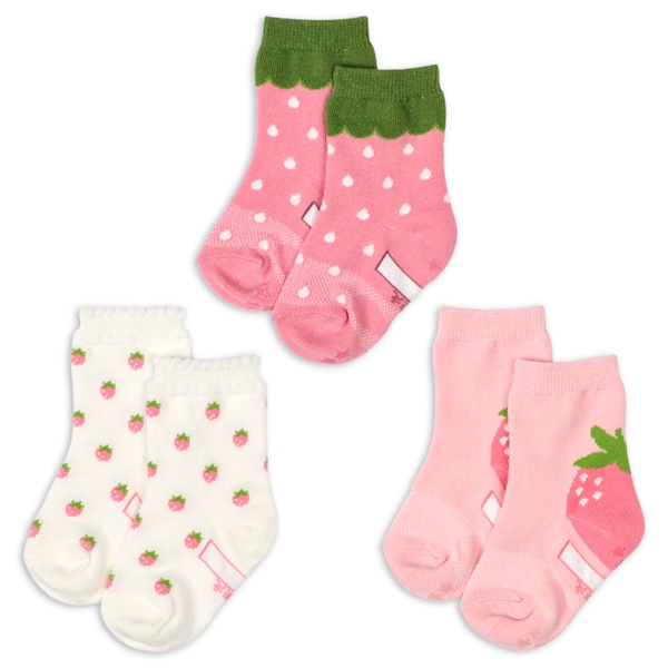 [ベビー]クルーソックス3足組　なりきりイチゴ ピンク 9~14cm