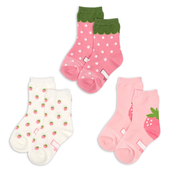 [キッズ]クルーソックス3足組　なりきりイチゴ ピンク 13~18cm