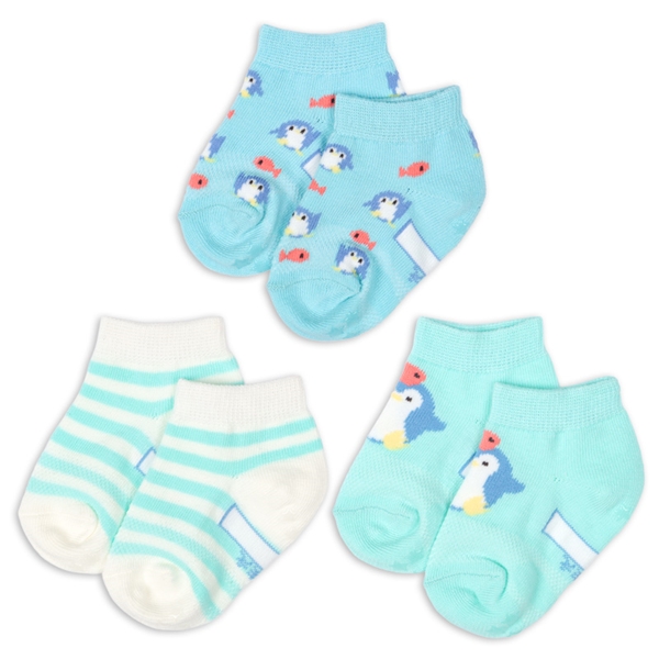 [ベビー]アンクルソックス3足組　ペンギンと魚 サックス 9~14cm