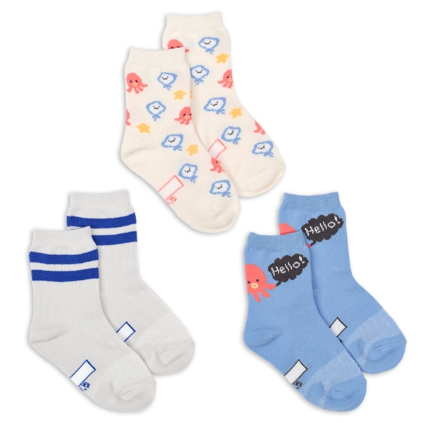 [キッズ]クルーソックス3足組　たこHELLO ホワイト 13~18cm