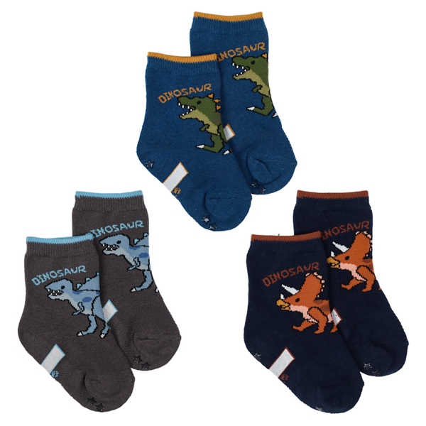 [ベビー]クルーソックス3足組　デカ恐竜 ネイビー 9~14cm