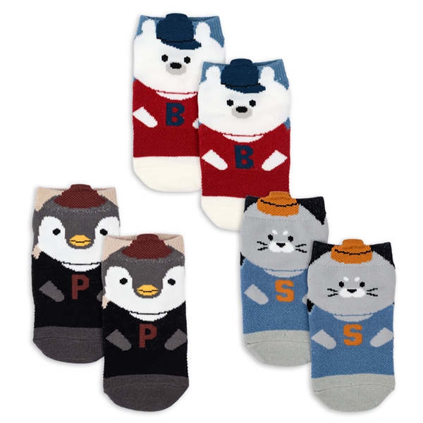 [キッズ]アンクルソックス3足組　帽子動物 ホワイト 13~18cm