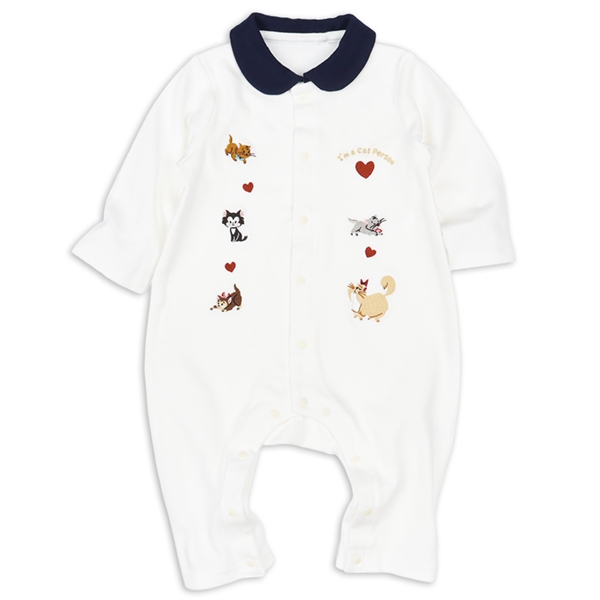 長袖　プレオール　襟付き　刺繍モチーフ　ねこ オフホワイト 60cm