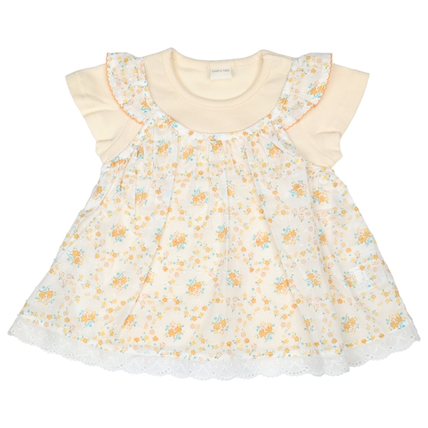 [ベビー]半袖Tシャツ　レイヤード風　花柄　イエロー イエロー 80cm