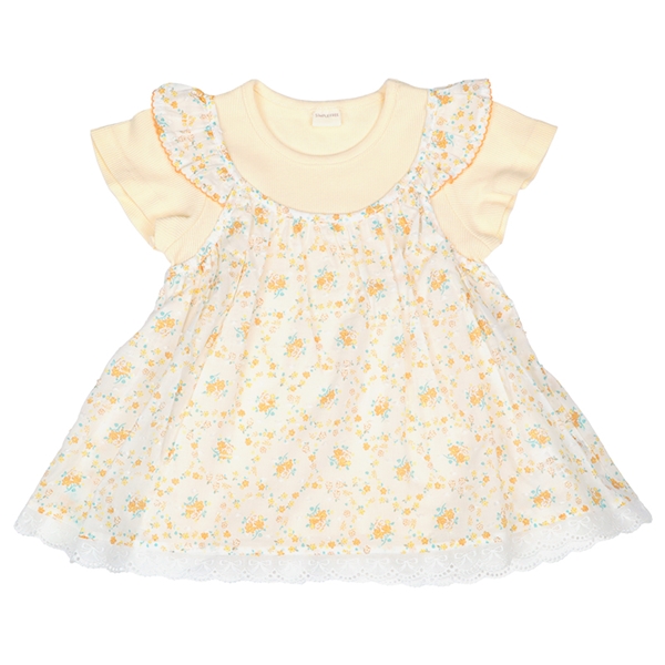 [キッズ]半袖Tシャツ　レイヤード風　花柄　イエロー イエロー 100cm