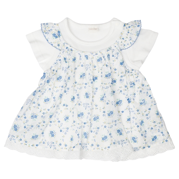 [ベビー]半袖Tシャツ　レイヤード風　花柄　ブルー ブルー 80cm