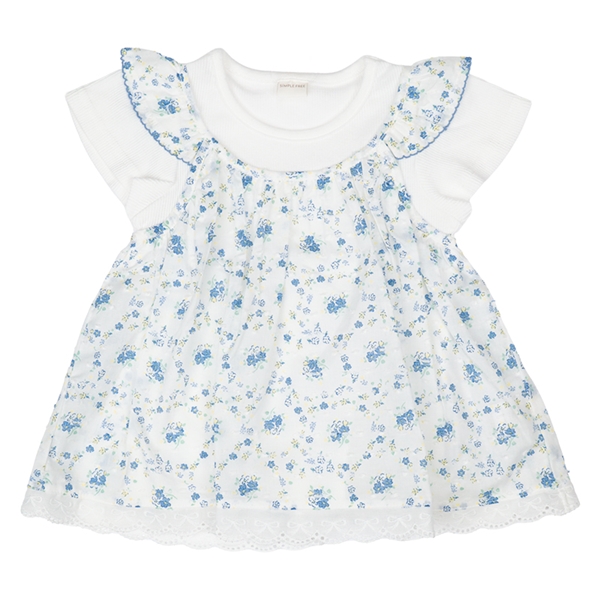 [キッズ]半袖Tシャツ　レイヤード風　花柄　ブルー ブルー 100cm