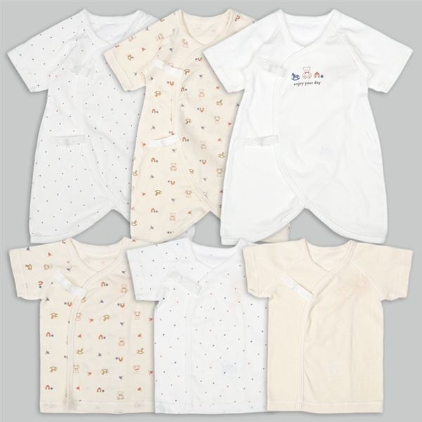 [スナップタイプ]新生児肌着6点セット　半袖・七分袖　くま オフホワイト 50~60cm