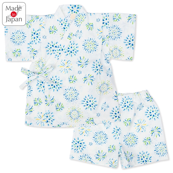 [キッズ]甚平(じんべい)スーツ 花火柄 オフホワイト オフホワイト 100cm