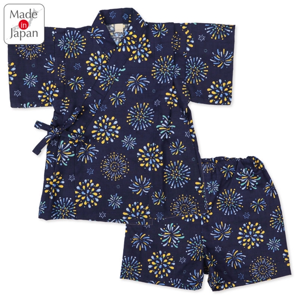 [キッズ]甚平(じんべい)スーツ 花火柄 ネイビー ネイビー 100cm