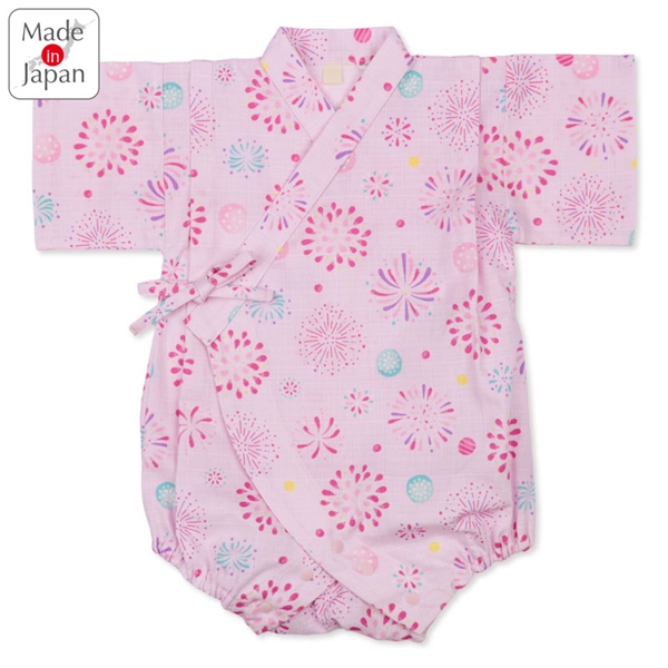 [ベビー]甚平(じんべい)ロンパス 花火柄 ピンク ピンク 70cm