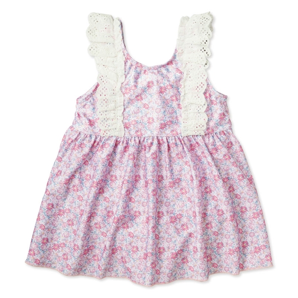 [キッズ]ワンピース水着 花柄 肩レース ピンク 100cm