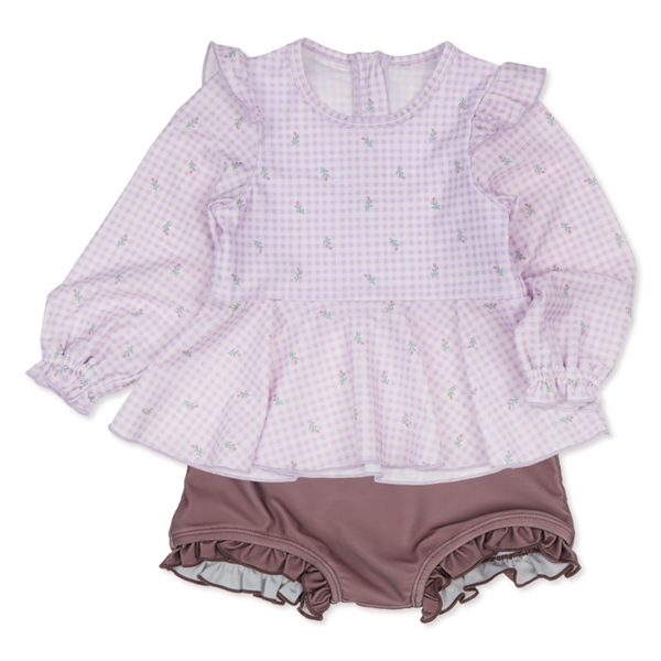 [キッズ]セットアップ水着 花柄 パープル 100cm