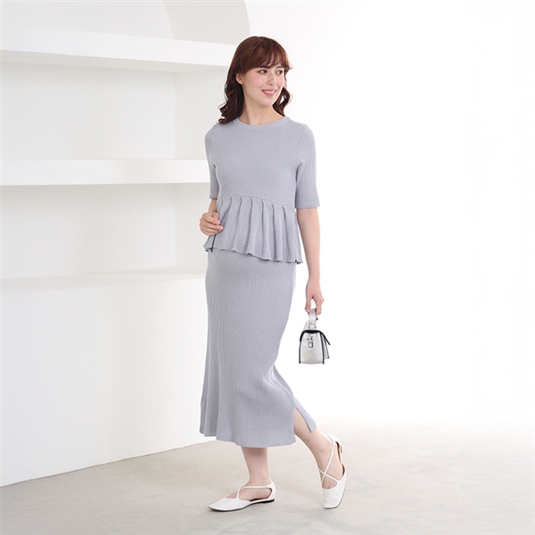 【SALE】[授乳口付き]ウォッシャブル5分袖ニットペプラムワンピース　サックス サックス L