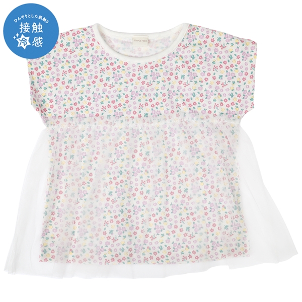 [キッズ]半袖Tシャツ　ひんやり　胸チュール　ピンク ピンク 100cm