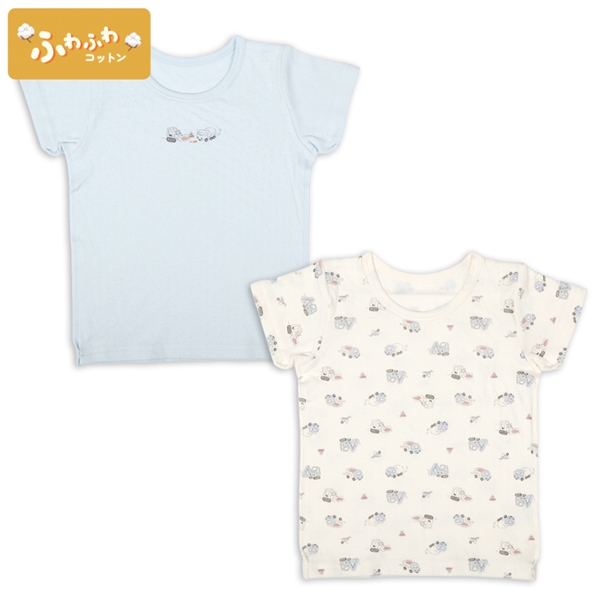 [ベビー]ふわふわコットン半袖丸首シャツ　２枚組　くるま サックス 70cm