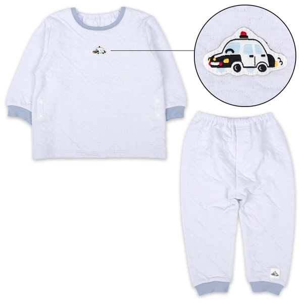 [ベビー]長袖パジャマ　かぶり　キルト　車 サックス 70cm