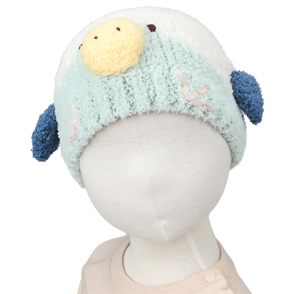 [48~50cm]ニット帽　アニマルモコモコ　かぞく　インコ ブルー 48~50cm
