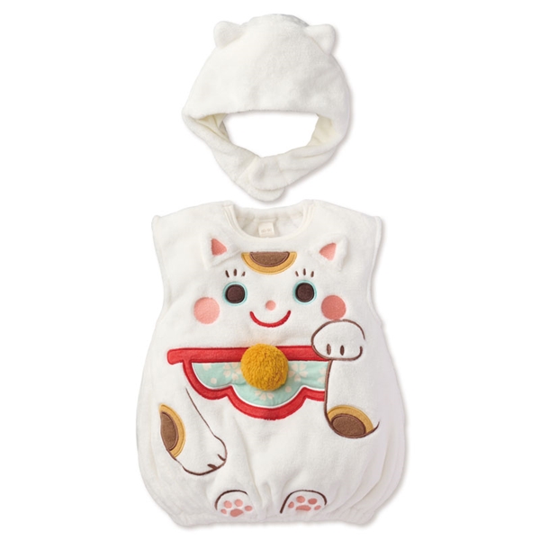【10/2発売】[80～90cm]帽子付きベスト まねきねこ オフホワイト 80～90cm