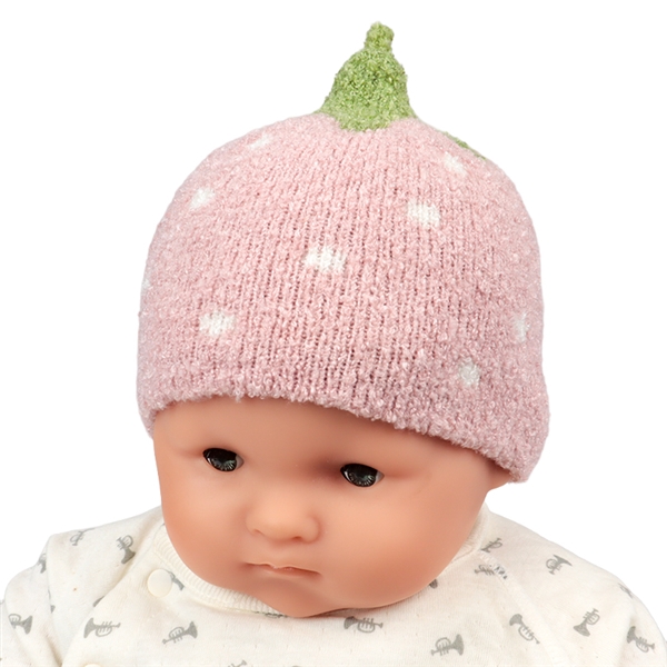 [38~50cm]ニット帽フルーツ　やわらかモコモコ　いちご　ピンク ピンク 38~42cm