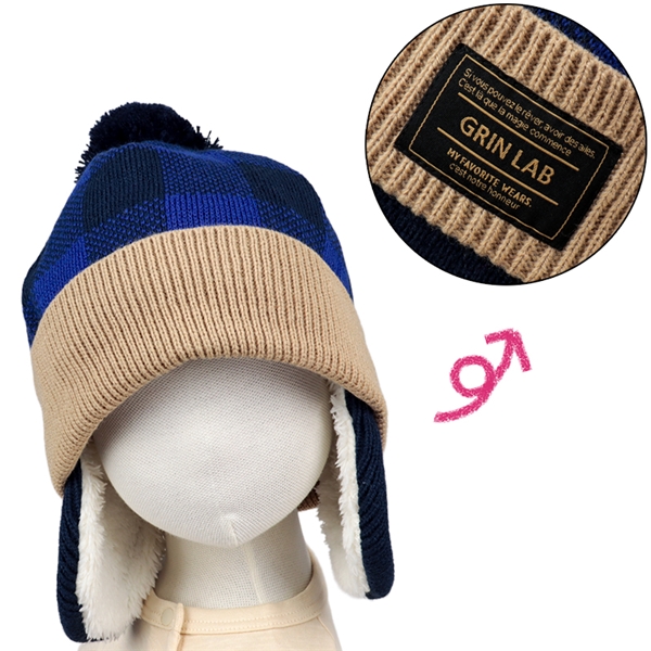 [50~54cm]ニット帽ブロックチェック柄　ブルー ブルー 50~52cm