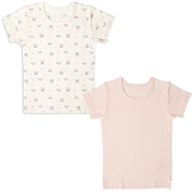 [ベビー]速く乾く　半袖　丸首シャツ２枚組　ネコと虹　ピンク