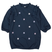 [キッズ]長袖ワンピース花刺しゅう　ネイビー