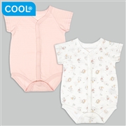 [ベビー]ひんやり綿１００％　半袖ロンパース２枚組　前開き　風船アニマル