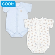 [ベビー]やわらかメッシュ　半袖ロンパース　２枚組　前開き　くま　サックス