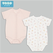 [ベビー]やわらかメッシュ　半袖ロンパース　２枚組　前開き　うさぎ　ピンク