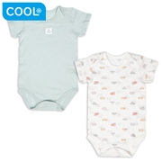 [ベビー]やわらかメッシュ　半袖ロンパース　２枚組　かぶり　くるま　グリーン