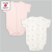 [日本製]ロンパース2枚組　半袖　前開き　うさぎ　ピンク