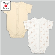 [日本製]ロンパース2枚組　半袖　前開き　くま　ベージュ