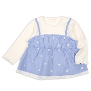 [ベビー]長袖Ｔシャツ　レイヤード風　チェック刺しゅう　ブルー