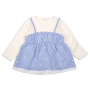 [キッズ]長袖Ｔシャツ　レイヤード風　チェック刺しゅう　ブルー