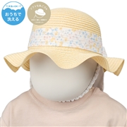 [44・46cm]ひらひらハット　洗えるたためる　花柄リボン　ブルー