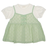 [キッズ]半袖Ｔシャツ　レイヤード風　花ジャガード　グリーン