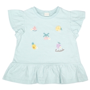 [キッズ]袖フリルTシャツ　刺しゅう グリーン