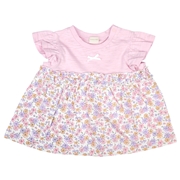 [ベビー]袖フリルTシャツ　胸切替え ピンク