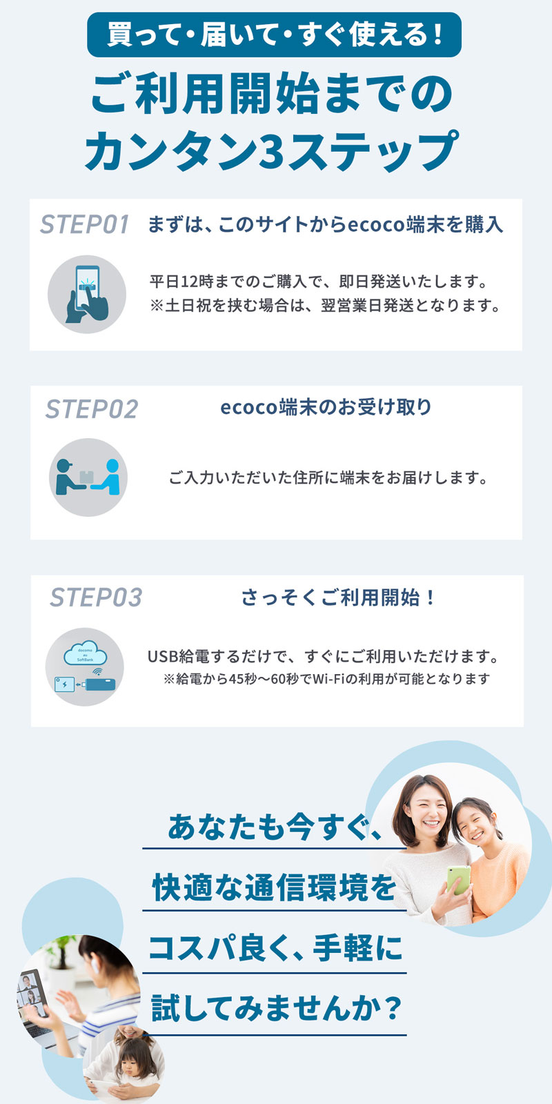 買って・届いて・すぐ使える！ご利用開始までのカンタン3ステップ