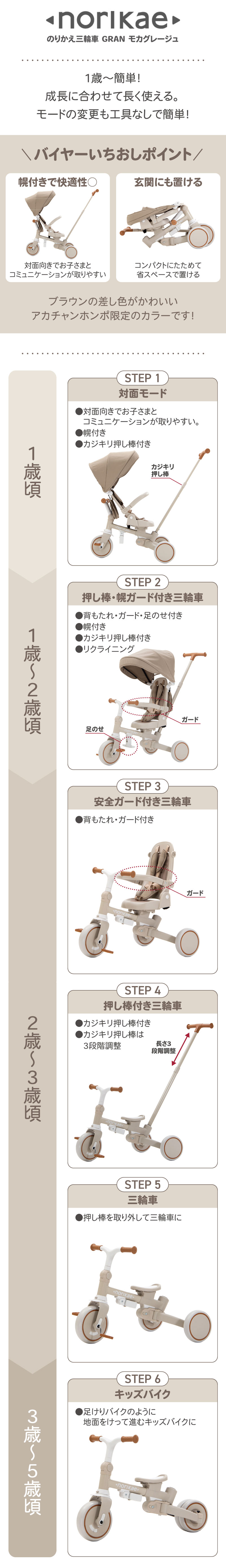 norikae のりかえ三輪車GRAN モカグレージュ 成長に合わせて長く使える 工具なしで簡単