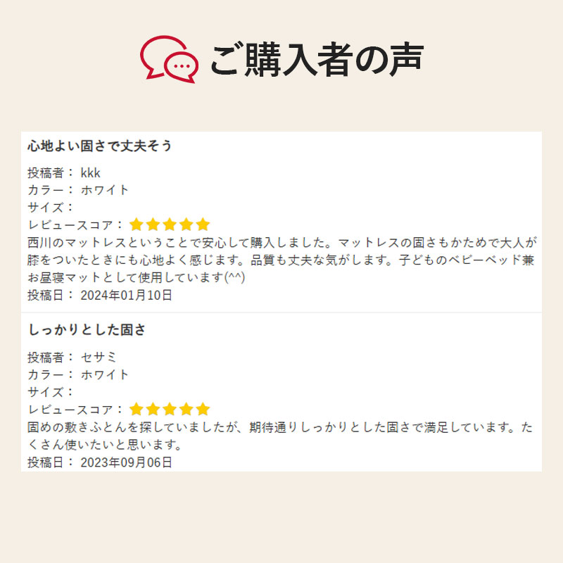 西川　[ミニサイズ]ラジカル敷きふとん ホワイト(軽量タイプ)　ご購入者の声