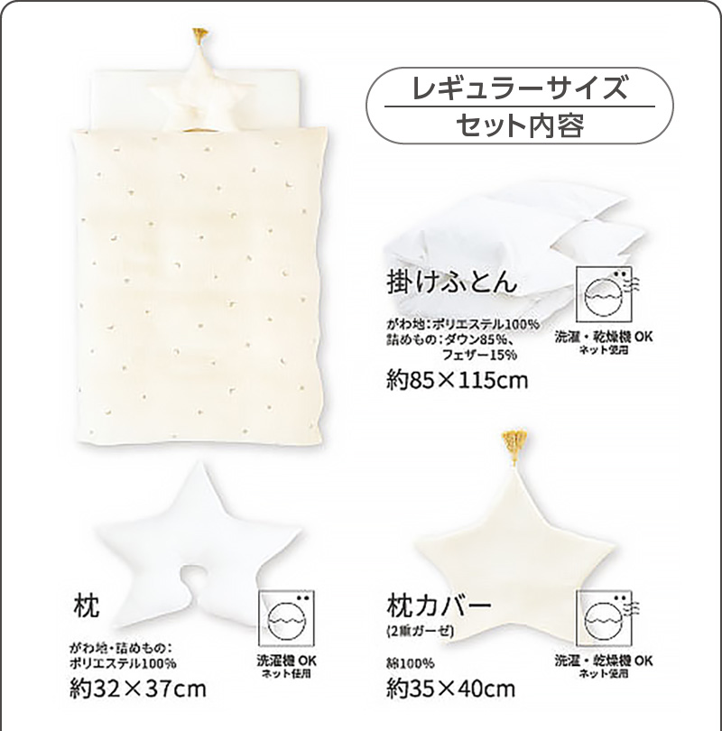 レギュラーサイズ セット内容（・羽毛掛けふとん ・掛けふとんカバー ・敷きふとん（立体ファイバー） ・フィッティングシーツ ・ブレス防水パッド ・枕 ・枕カバー