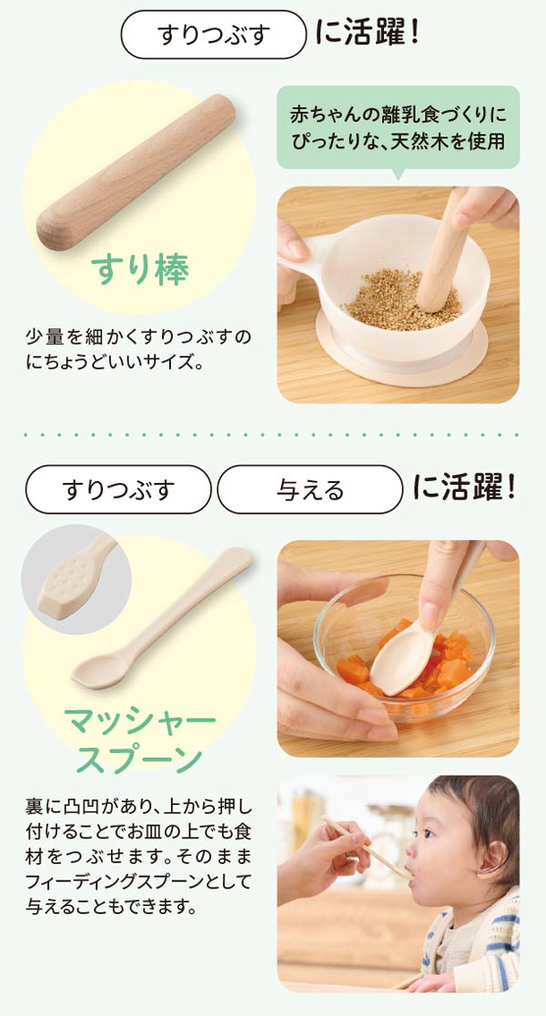 すり棒とすりつぶす・与えるに活躍するマッシャースプーン