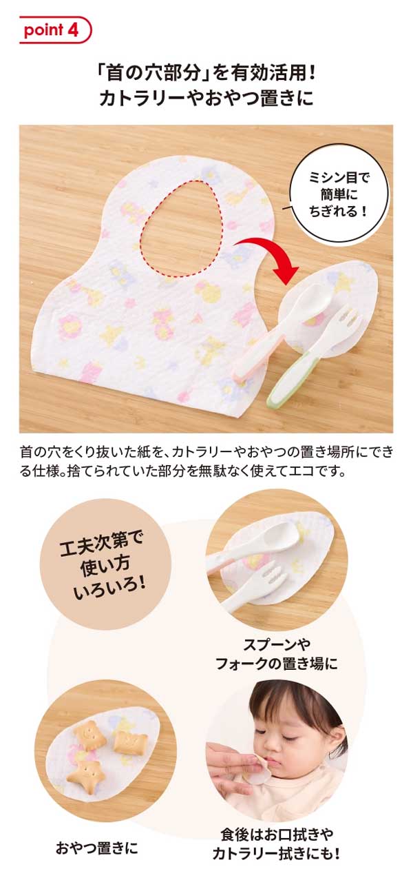 首の部分をくり抜いた紙をカトラリーやおやつ置きに使える仕様