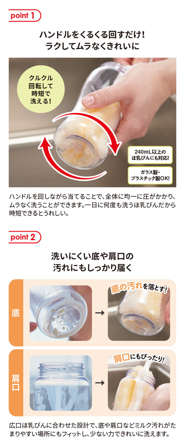 ハンドルをくるくる回すだけ！洗いにくい底や肩口の汚れにもしっかり届く